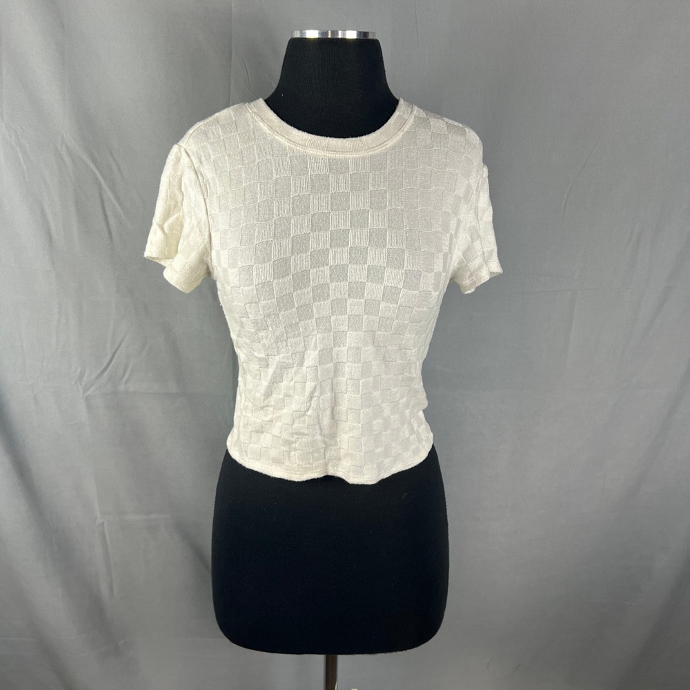Atelier By Kirious Knit Top Womens Medium Beige Textured Checkerboard Crew Neck